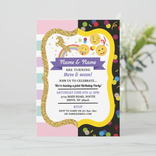 Unicorn & Emoji Boy Girl Shared Birthday Twins Fun Kaart (Staand voorkant)