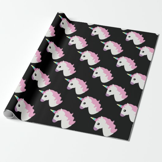 Unicorn Emoji (zwarte achtergrond) Cadeaupapier (Uitgerold)