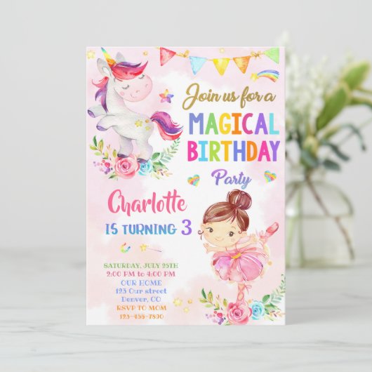 Unicorn en Ballerina verjaardagsuitnodiging voor m Kaart (Staand voorkant)