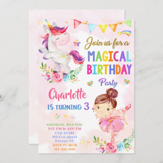 Unicorn en Ballerina verjaardagsuitnodiging voor m Kaart (Voorkant / Achterkant)