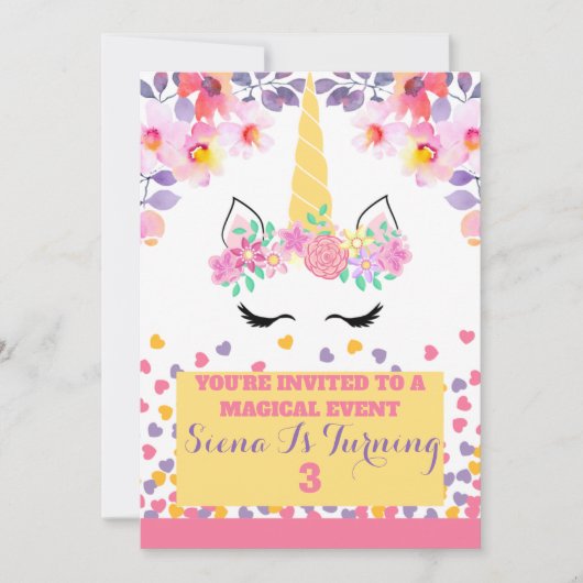 Unicorn en bloemen verjaardagsuitnodiging voor mei kaart (Voorkant)