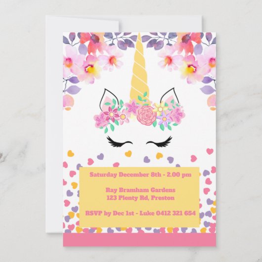 Unicorn en bloemen verjaardagsuitnodiging voor mei kaart (Achterkant)