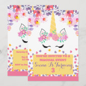 Unicorn en bloemen verjaardagsuitnodiging voor mei kaart (Voorkant / Achterkant)