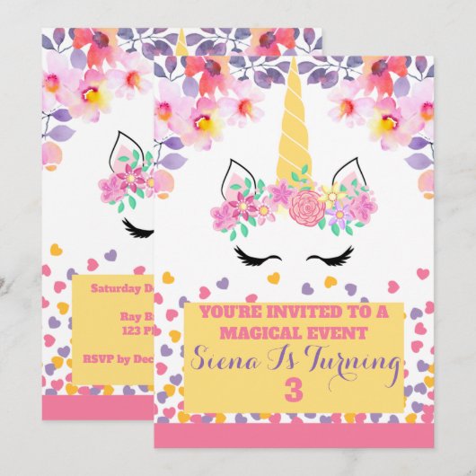Unicorn en bloemen verjaardagsuitnodiging voor mei kaart (Voorkant / Achterkant)