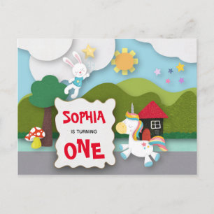 Unicorn en Bunny First Birthday Invitation Briefkaart