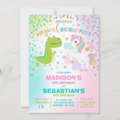 Unicorn en Dinosaur Birthday Invitation Siblings Kaart (Voorkant)