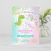 Unicorn en Dinosaur Birthday Invitation Siblings Kaart (Staand voorkant)