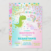 Unicorn en Dinosaur Birthday Invitation Siblings Kaart (Voorkant / Achterkant)