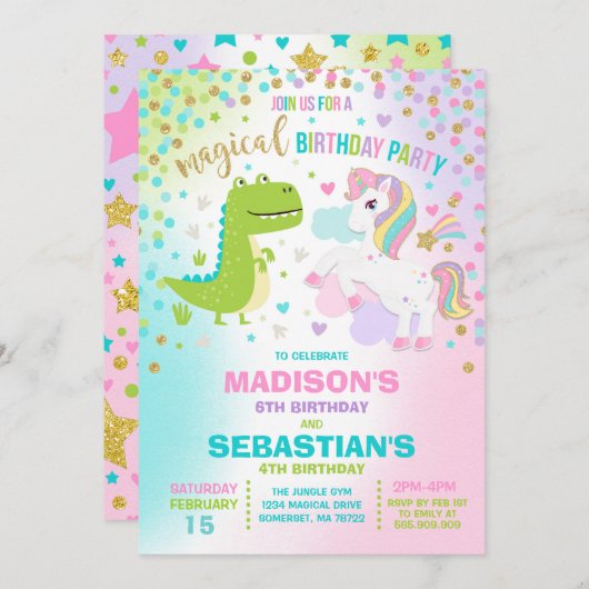 Unicorn en Dinosaur Birthday Invitation Siblings Kaart (Voorkant / Achterkant)