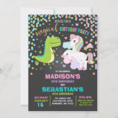 Unicorn en Dinosaur Birthday Invitation Siblings Kaart (Voorkant)