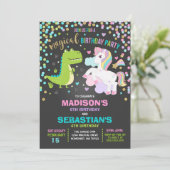Unicorn en Dinosaur Birthday Invitation Siblings Kaart (Staand voorkant)