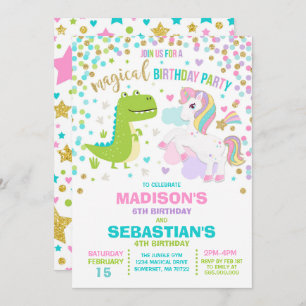 Unicorn en Dinosaur Birthday Invitation Siblings Kaart