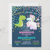 Unicorn en Dinosaur Birthday Invitation Siblings Kaart (Voorkant)