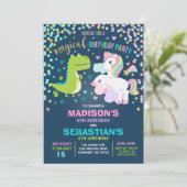 Unicorn en Dinosaur Birthday Invitation Siblings Kaart (Staand voorkant)