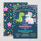 Unicorn en Dinosaur Birthday Invitation Siblings Kaart (Voorkant / Achterkant)