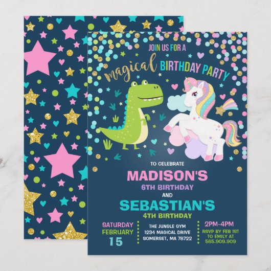 Unicorn en Dinosaur Birthday Invitation Siblings Kaart (Voorkant / Achterkant)