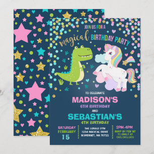 Unicorn en Dinosaur Birthday Invitation Siblings Kaart
