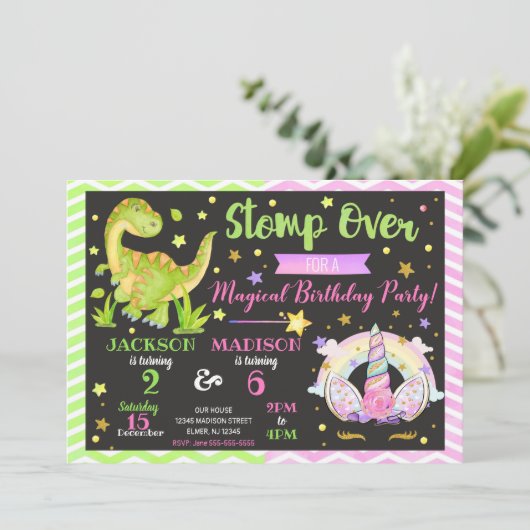 Unicorn en Dinosaur Joint Birthday Invitation Kaart (Staand voorkant)