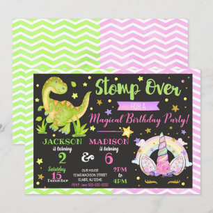 Unicorn en Dinosaur Joint Birthday Invitation Kaart