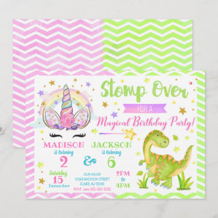 Unicorn en Dinosaur Joint Birthday Invitation Kaart