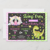 Unicorn en Dinosaur Joint Birthday Invitation Kaart (Voorkant)
