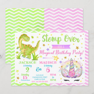 Unicorn en Dinosaur Joint Birthday Invitation Kaart
