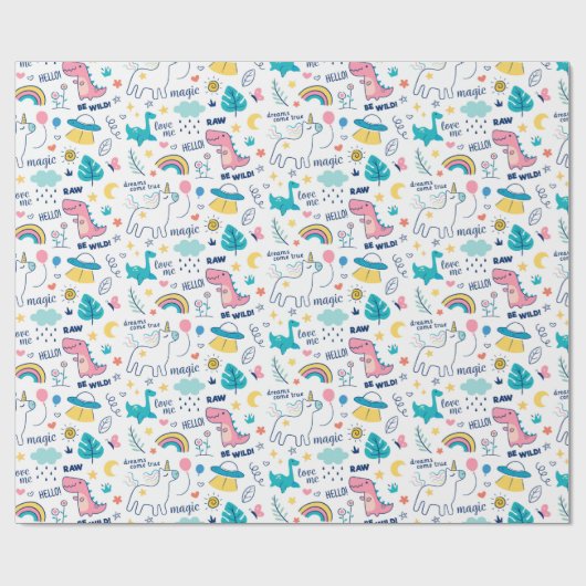 Unicorn en Dinosaur Pattern Cadeaupapier (Vlak)