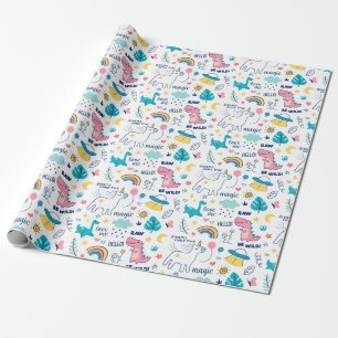 Unicorn en Dinosaur Pattern Cadeaupapier