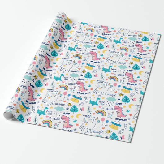 Unicorn en Dinosaur Pattern Cadeaupapier (Uitgerold)