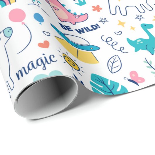 Unicorn en Dinosaur Pattern Cadeaupapier (Rol Hoek)