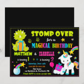 Unicorn en Dinosaur verjaardagsuitnodiging Twins Kaart (Voorkant / Achterkant)