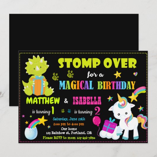 Unicorn en Dinosaur verjaardagsuitnodiging Twins Kaart (Voorkant / Achterkant)