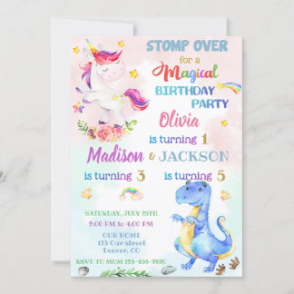Unicorn en Dinosaur verjaardagsuitnodiging voor dr Kaart