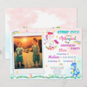 Unicorn en Dinosaur verjaardagsuitnodiging voor dr Kaart (Voorkant / Achterkant)