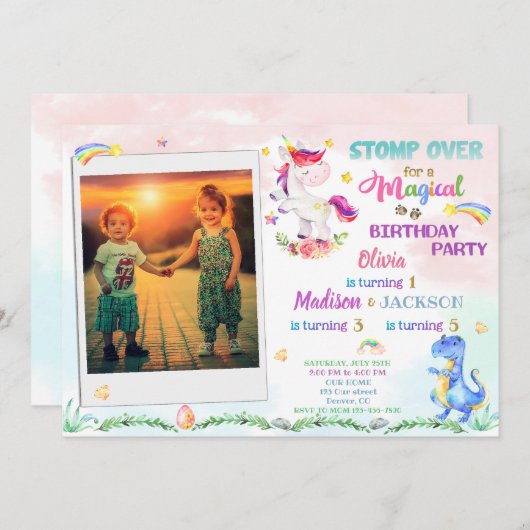 Unicorn en Dinosaur verjaardagsuitnodiging voor dr Kaart (Voorkant / Achterkant)