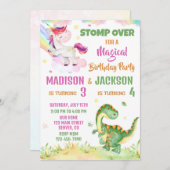 Unicorn en Dinosaur verjaardagsuitnodiging voor tw Kaart (Voorkant / Achterkant)