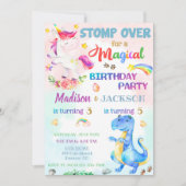 Unicorn en Dinosaur verjaardagsuitnodiging voor tw Kaart (Voorkant)