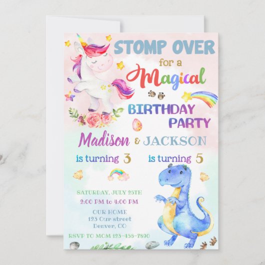 Unicorn en Dinosaur verjaardagsuitnodiging voor tw Kaart (Voorkant)