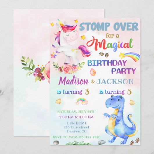 Unicorn en Dinosaur verjaardagsuitnodiging voor tw Kaart (Voorkant / Achterkant)