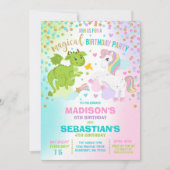 Unicorn en Dragon Birthday Invitation Siblings Kaart (Voorkant)