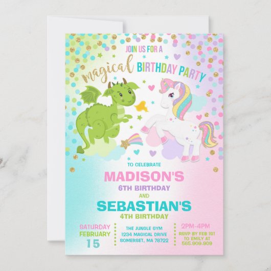 Unicorn en Dragon Birthday Invitation Siblings Kaart (Voorkant)