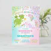 Unicorn en Dragon Birthday Invitation Siblings Kaart (Staand voorkant)
