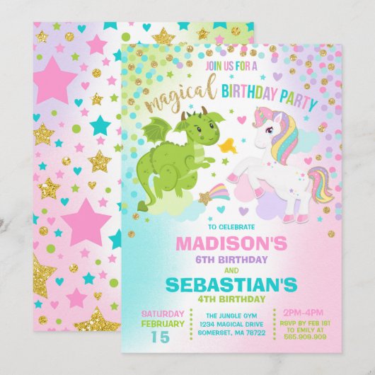 Unicorn en Dragon Birthday Invitation Siblings Kaart (Voorkant / Achterkant)