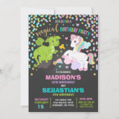 Unicorn en Dragon Birthday Invitation Siblings Kaart (Voorkant)