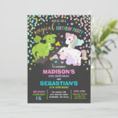 Unicorn en Dragon Birthday Invitation Siblings Kaart (Staand voorkant)