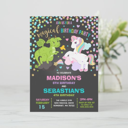 Unicorn en Dragon Birthday Invitation Siblings Kaart (Staand voorkant)