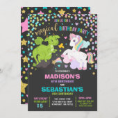 Unicorn en Dragon Birthday Invitation Siblings Kaart (Voorkant / Achterkant)
