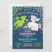 Unicorn en Dragon Birthday Invitation Siblings Kaart (Voorkant)