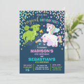 Unicorn en Dragon Birthday Invitation Siblings Kaart (Staand voorkant)