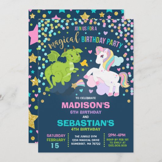 Unicorn en Dragon Birthday Invitation Siblings Kaart (Voorkant / Achterkant)